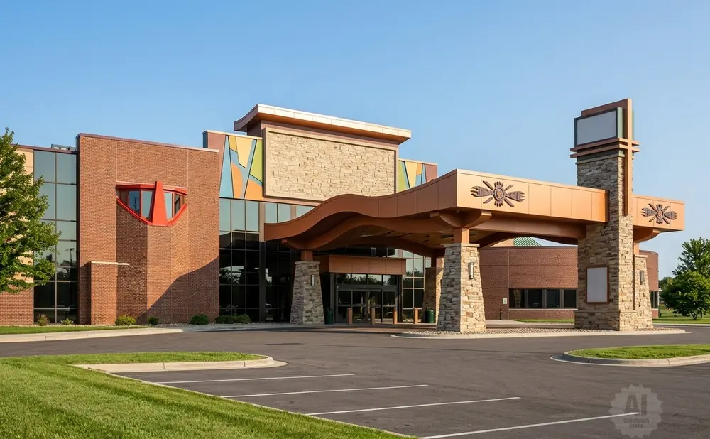 Modern brick building with a curved, copper-colored overhang and stone pillars.