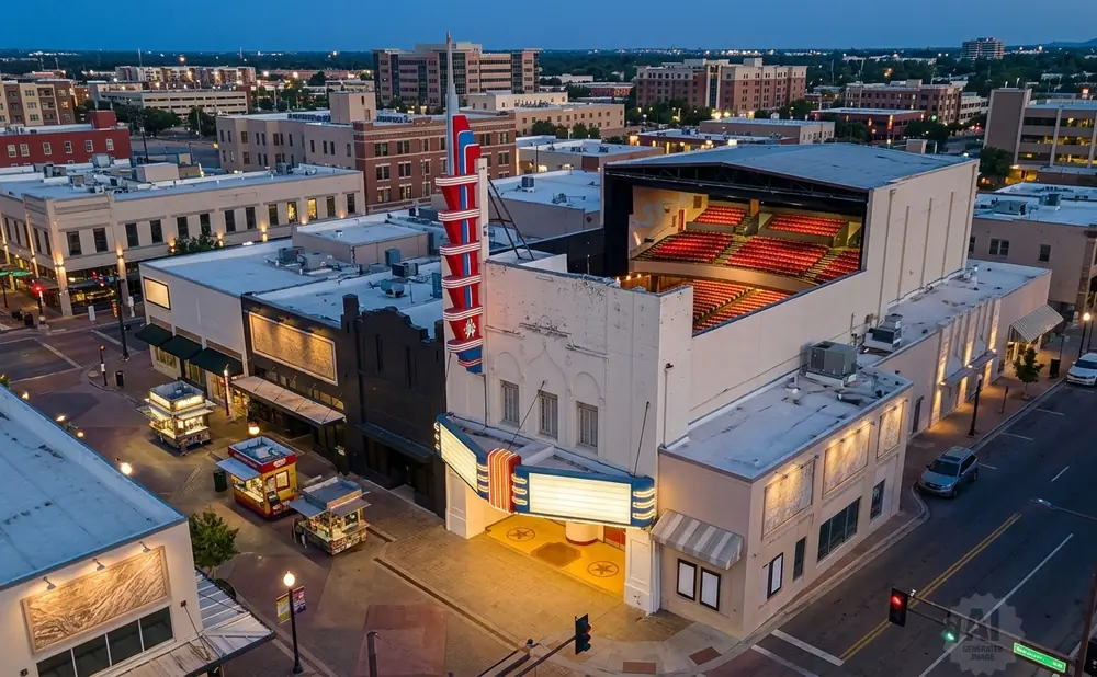 Exterior view of a historic theater with a large marquee and outdoor seating, surrounded by city buildings at dusk.