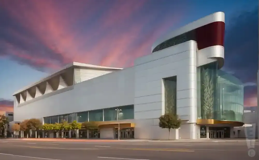 Modern white building with a curved glass entrance and a red accent under a dramatic pink and purple sky.