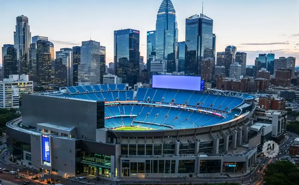 Panoramic view of a modern stadium with blue seats, surrounded by a city skyline at dusk.