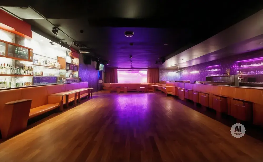 A dimly lit nightclub with purple lighting, featuring a long bar, booths, and a stage with a screen.