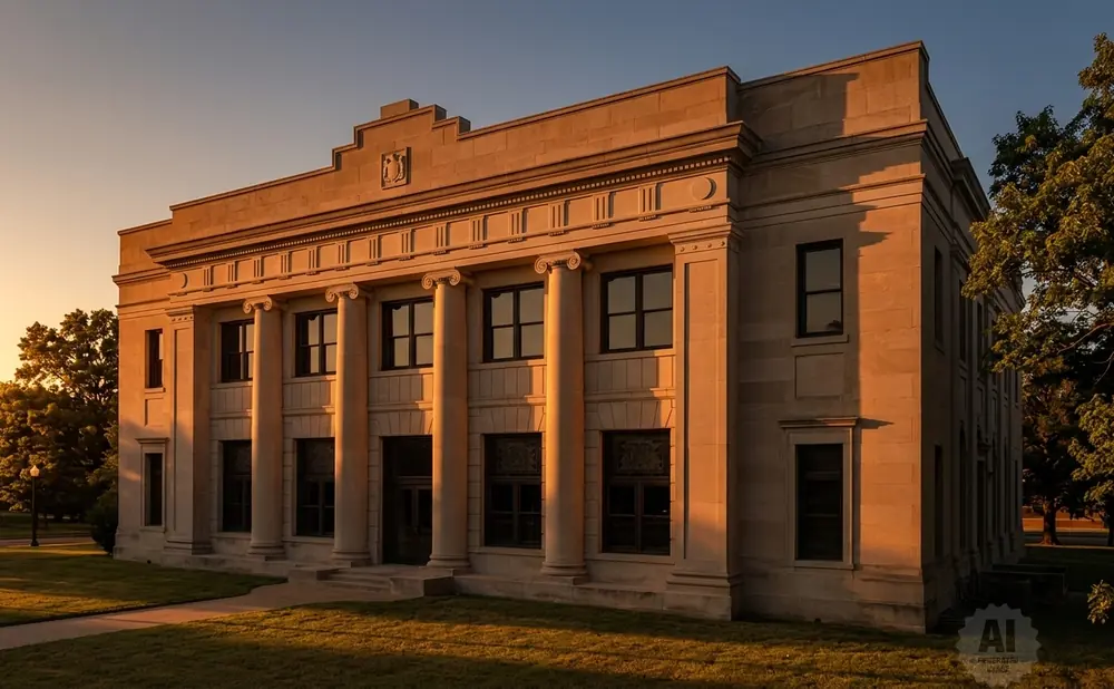 A historic stone building with columns and tall windows, bathed in the warm glow of sunset.