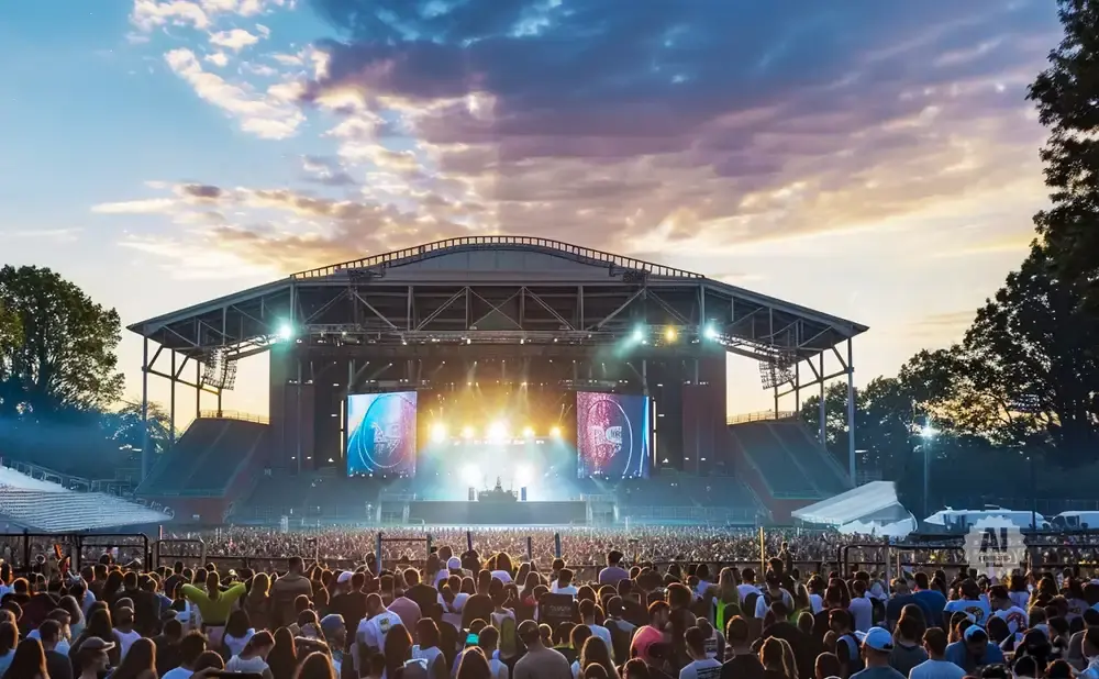 A large crowd watches a concert on an outdoor stage at sunset, with bright lights and large screens.