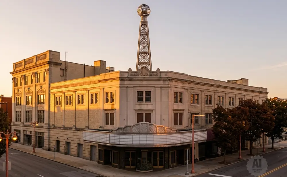 Art deco theater with a globe-topped tower at sunset.
