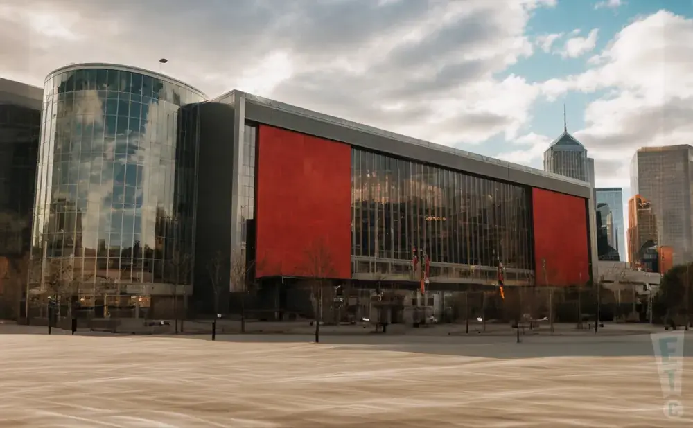 Modern building with a curved glass facade and a large red section under a cloudy sky.