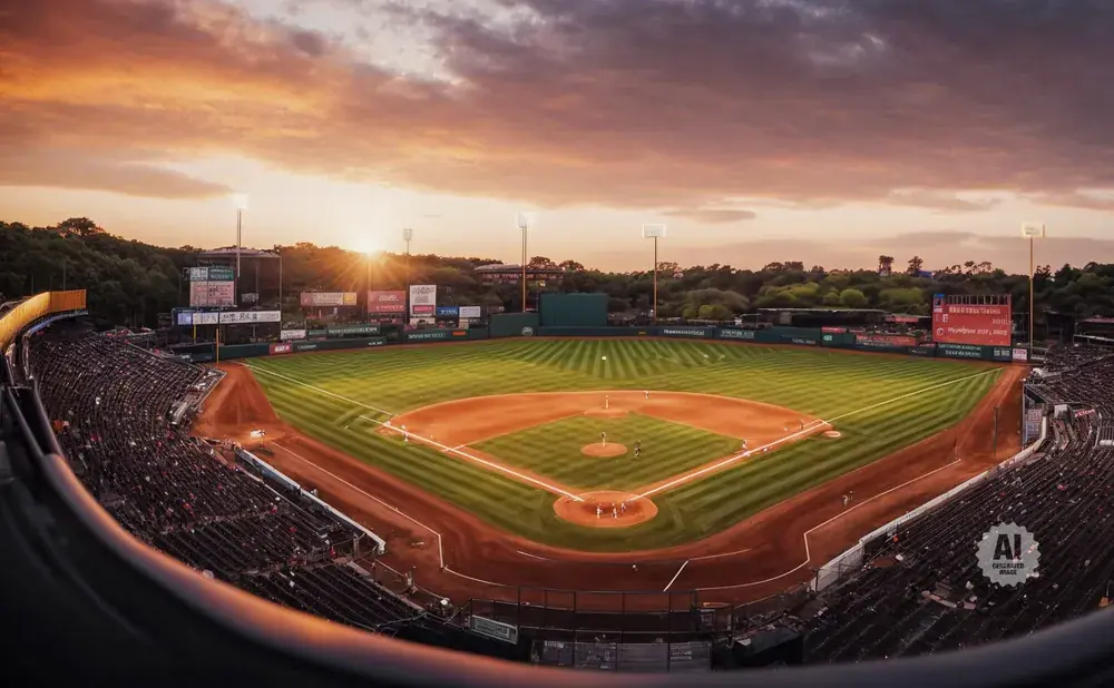 Baseball stadium at sunset with players on the field and fans in the stands.