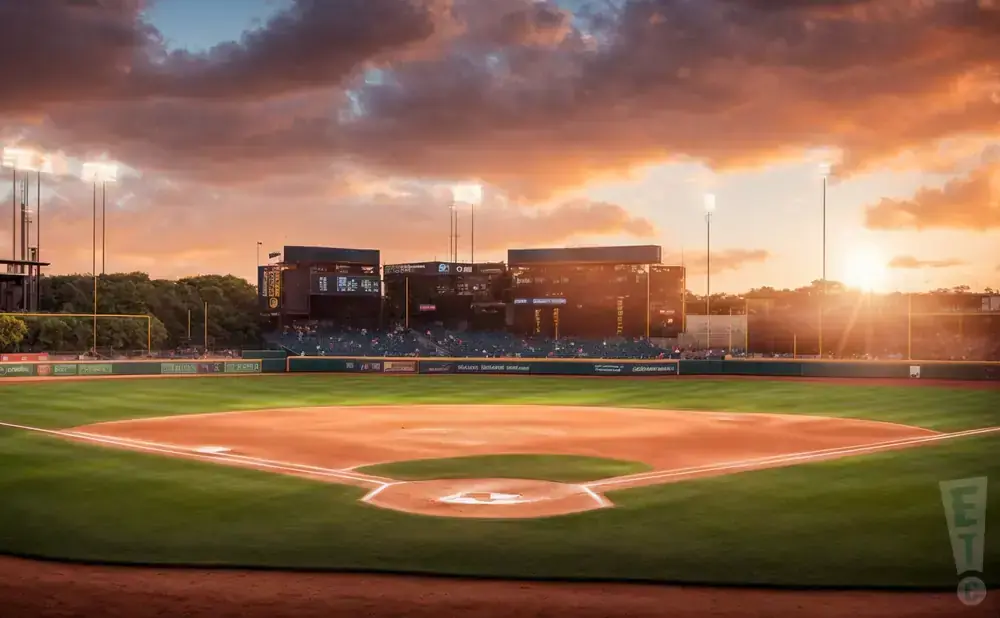 A baseball field at sunset with a golden sky and clouds above the stadium lights and bleachers.