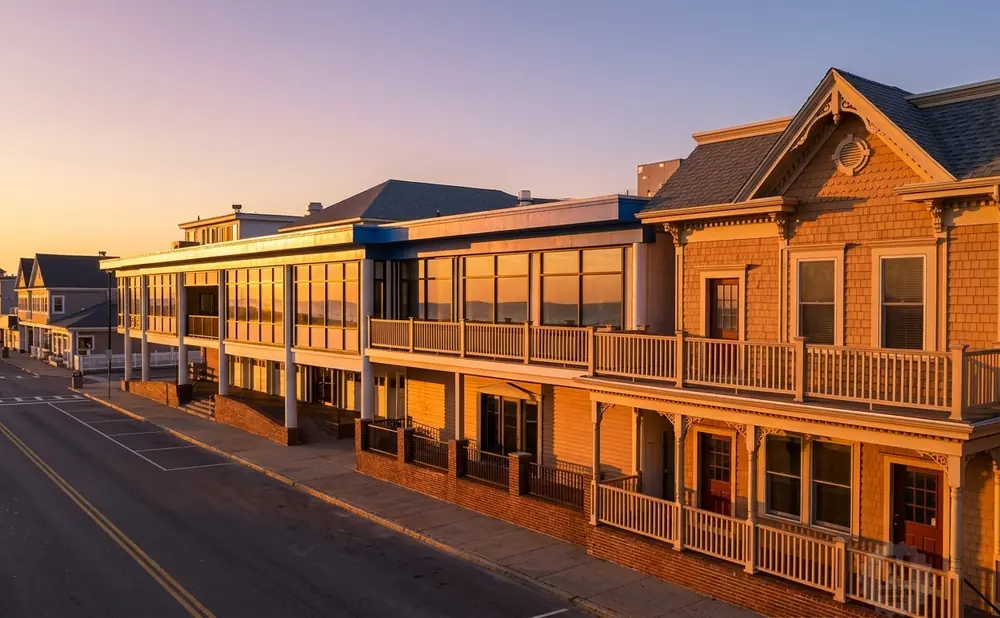 Sunset over buildings with balconies and a street in foreground.