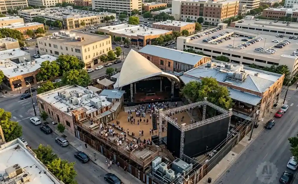 Aerial view of an outdoor concert venue with a large stage and seating areas, surrounded by urban buildings and parking garages.