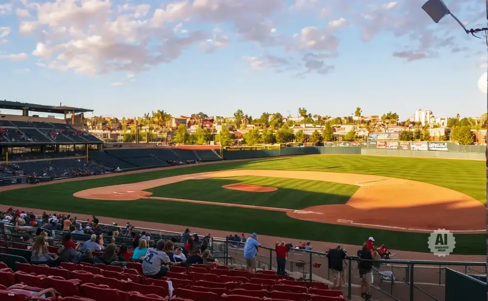 Baseball stadium during a game with fans in the stands and a cityscape in the background.