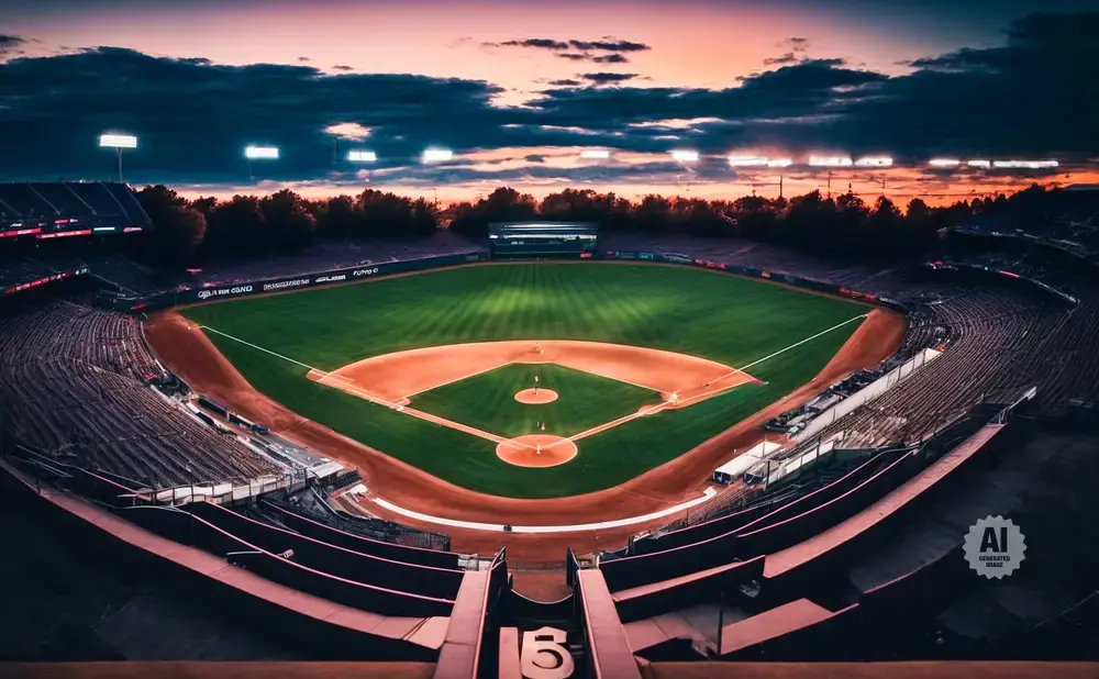 Baseball stadium at sunset with lights on and empty seats.