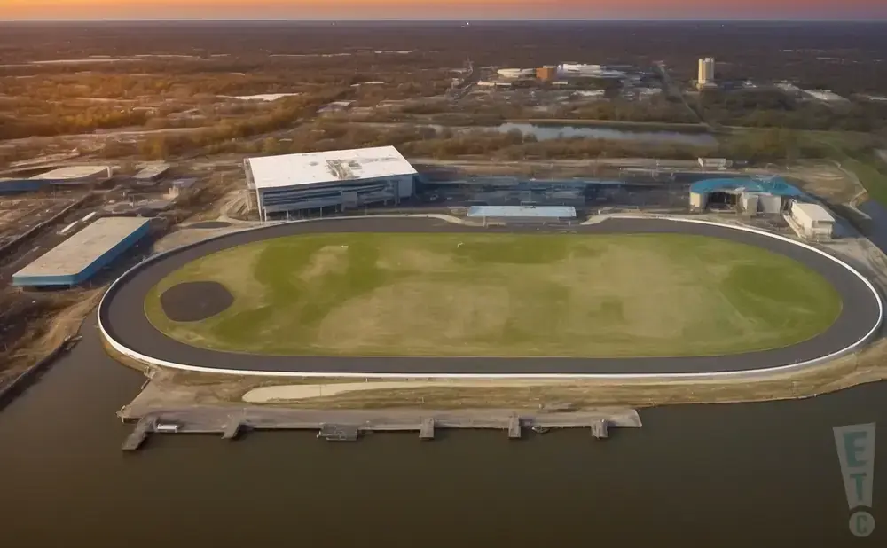 Aerial view of a horse racing track with grandstands and surrounding buildings, next to a body of water.