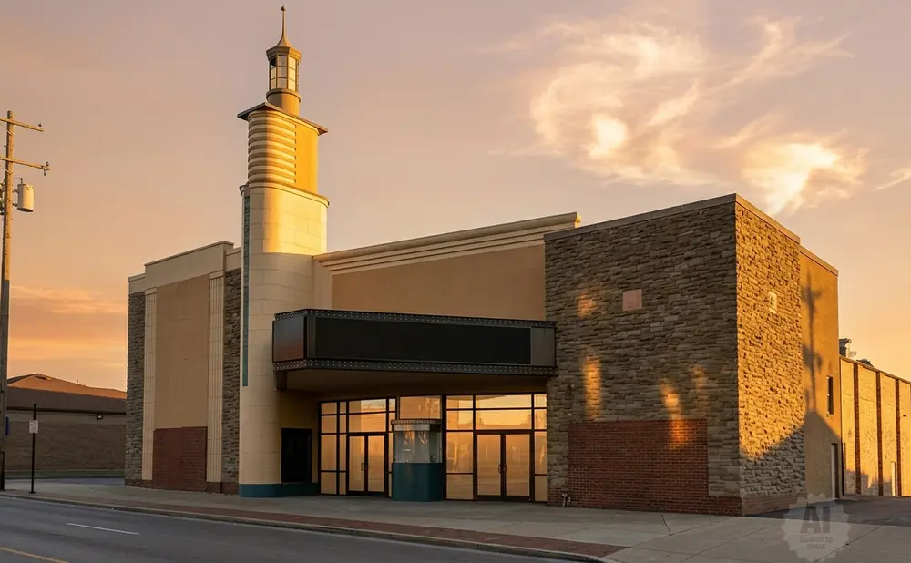 A movie theater with a marquee and large glass doors at sunset.