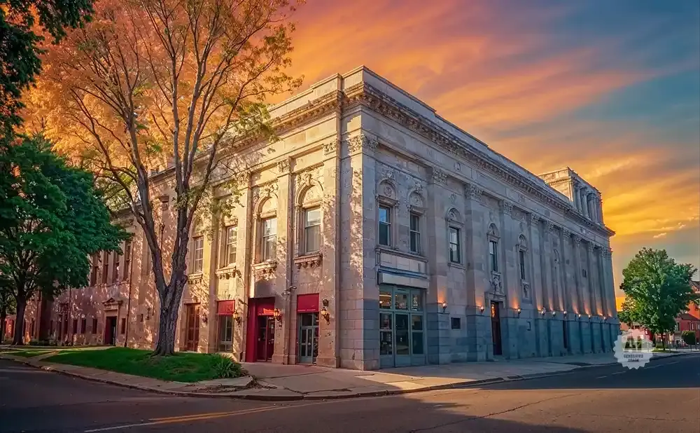 An ornate stone building with a tree in the foreground under a colorful sunset sky.