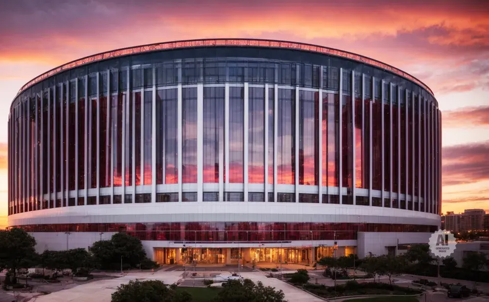 A modern stadium reflects a colorful sunset under a dramatic sky.