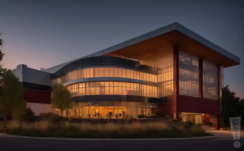 Modern office building with curved glass facade and warm interior lights at dusk.