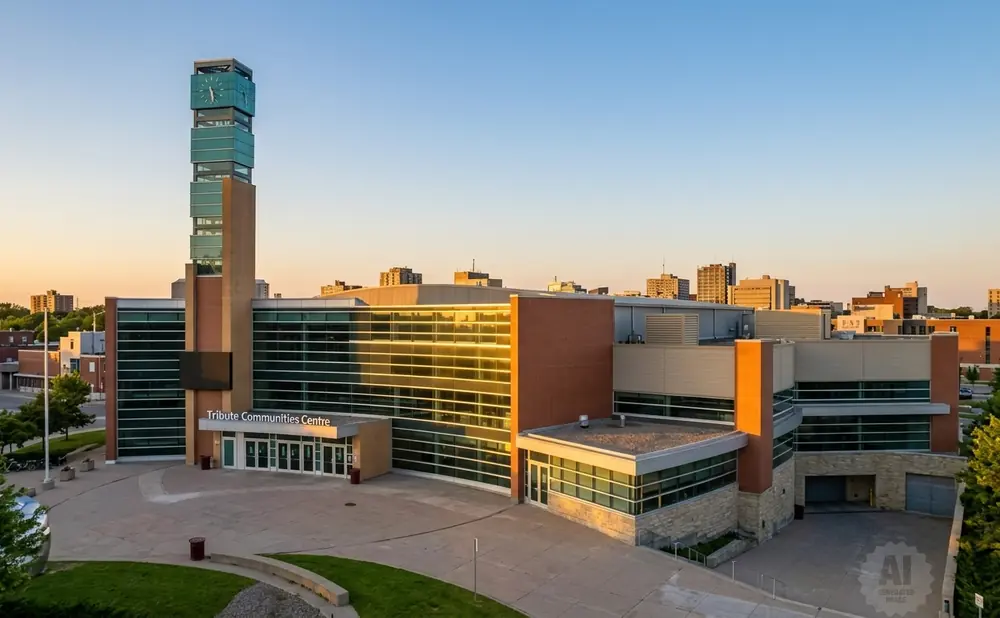 Tribute Communities Centre in Canada, featuring a tall clock tower and modern architecture, during a sunset.