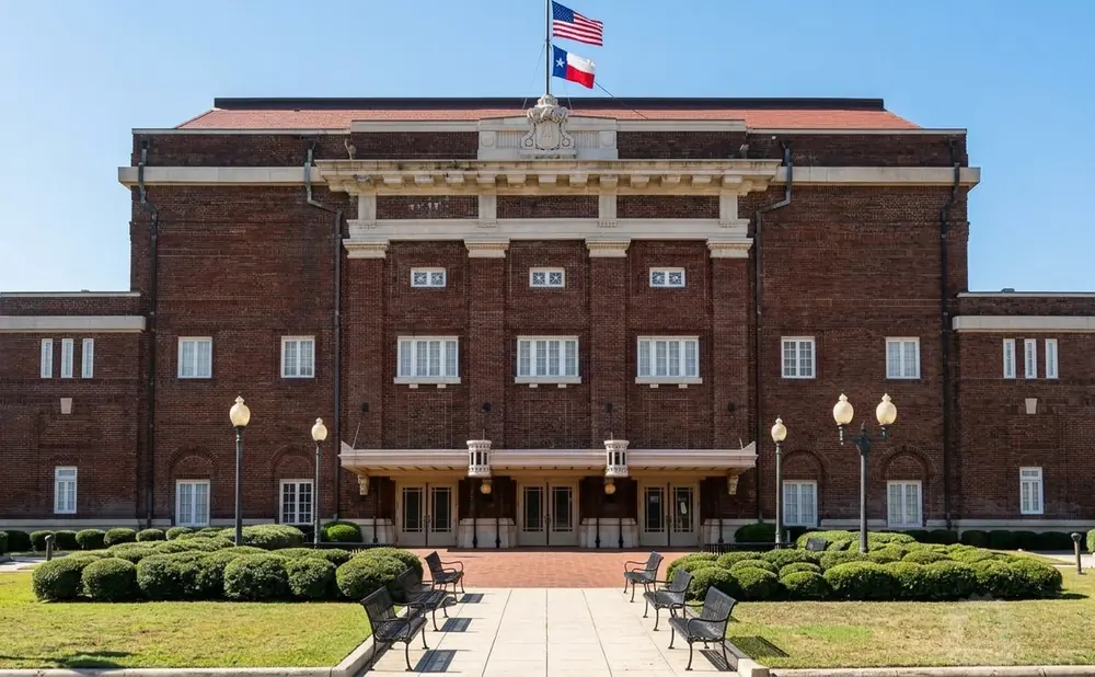 Front view of a large, brick building with an American and Texas flag flying above its entrance.