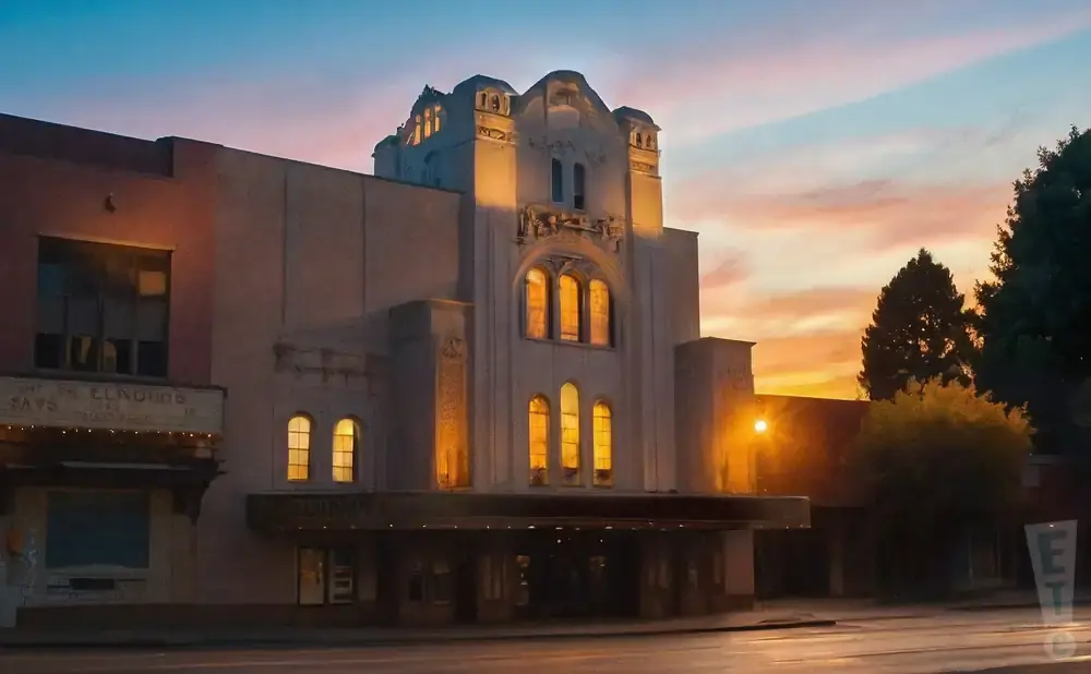 An ornate theater at sunset with warm lights glowing from its arched windows and a colorful sky.