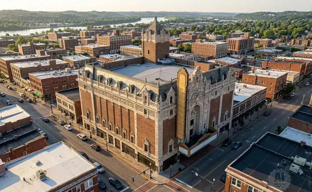 Aerial view of a historic brick theater with ornate details, surrounded by city buildings and a river in the distance.