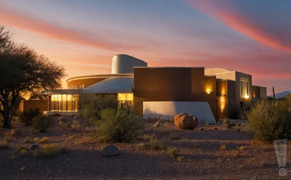 Modern desert home at sunset with pink and orange sky.
