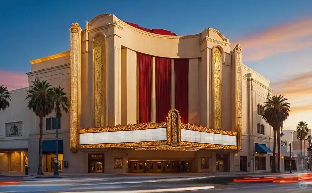 A grand movie theater with a marquee and red curtains at sunset.