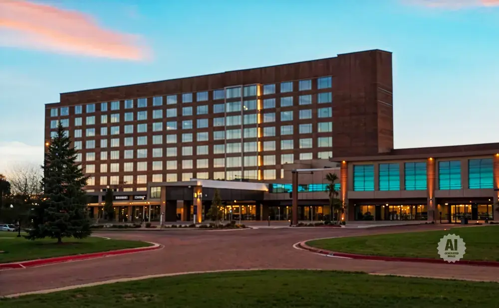 A large brick hotel with many windows, set against a sunset sky.