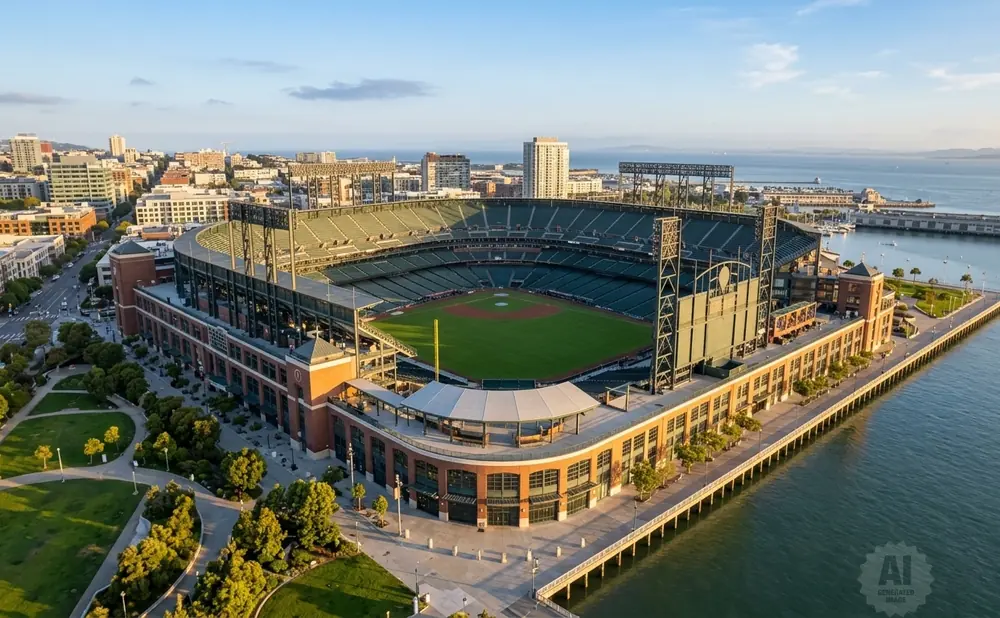 Aerial view of Oracle Park, home of the San Francisco Giants, situated on the San Francisco Bay.