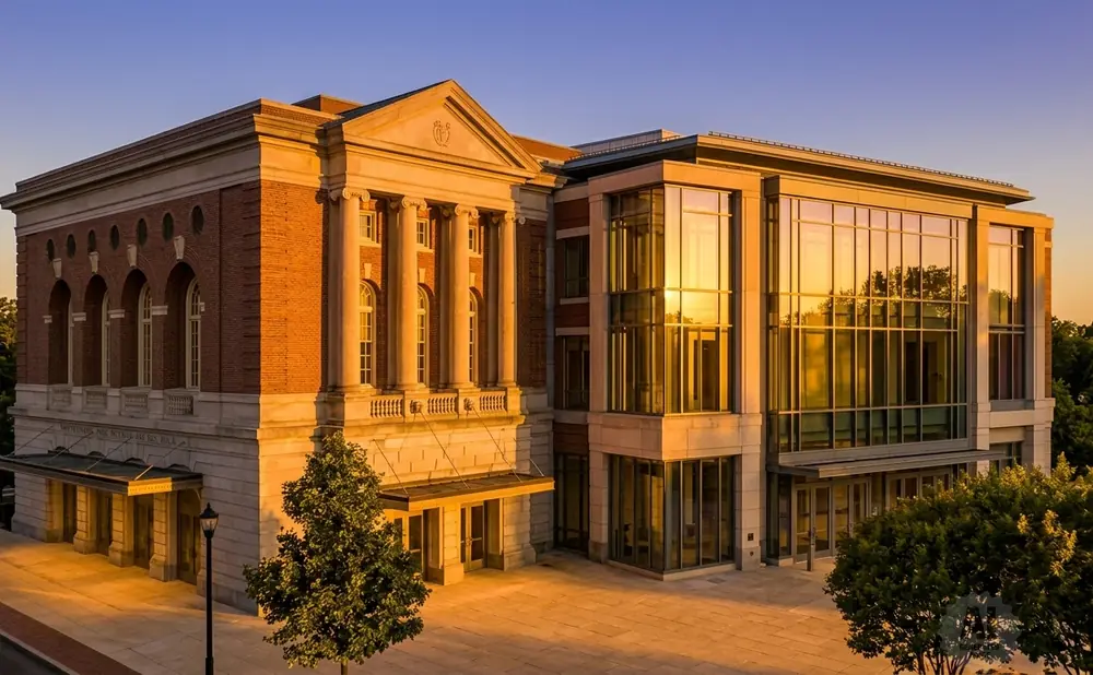 A modern building with classical and glass sections reflects golden sunset light.