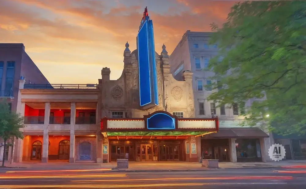 Vintage movie theater facade with a large blue marquee and glowing lights at sunset.