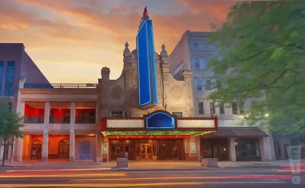 A grand theater entrance with a neon marquee, framed by buildings and trees, under a colorful sunset sky.