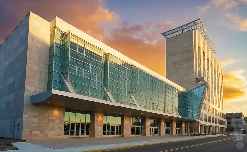 Modern conference center with glass facade and stone accents at sunset.