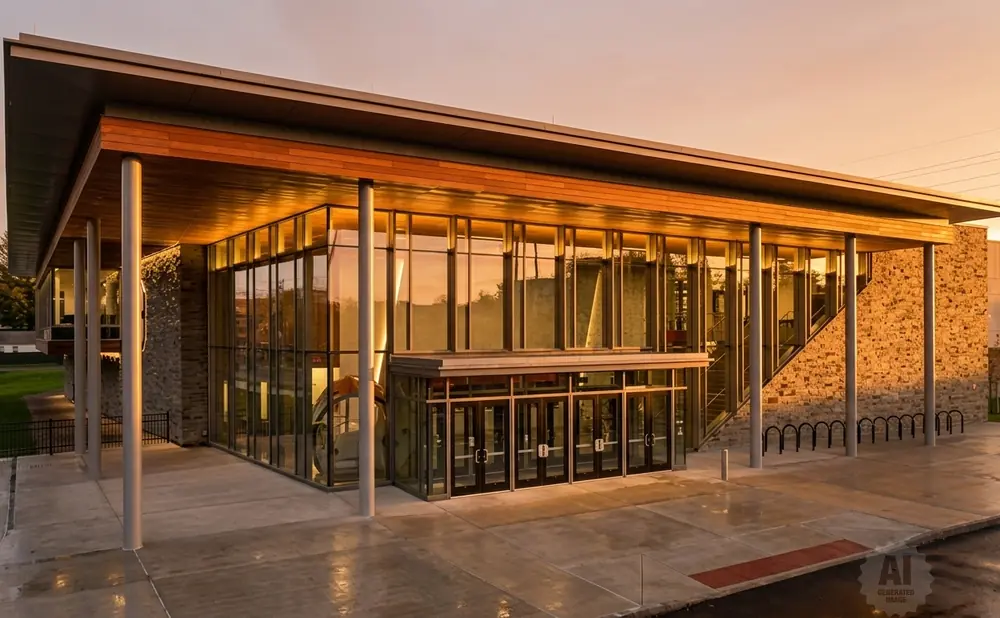 Modern building entrance with stone and glass facade, illuminated by warm sunset light.
