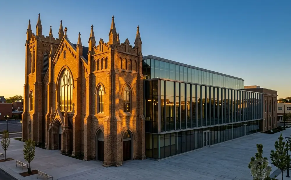 Modern glass addition complements historic brick church at sunset.