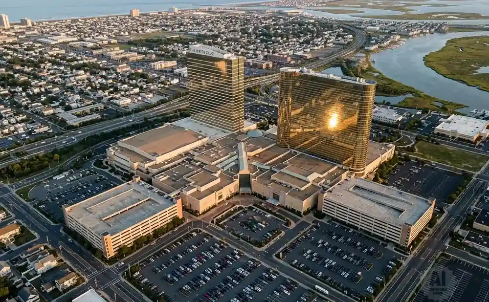 Aerial view of a resort complex with two golden skyscrapers, surrounding buildings, and extensive parking lots.