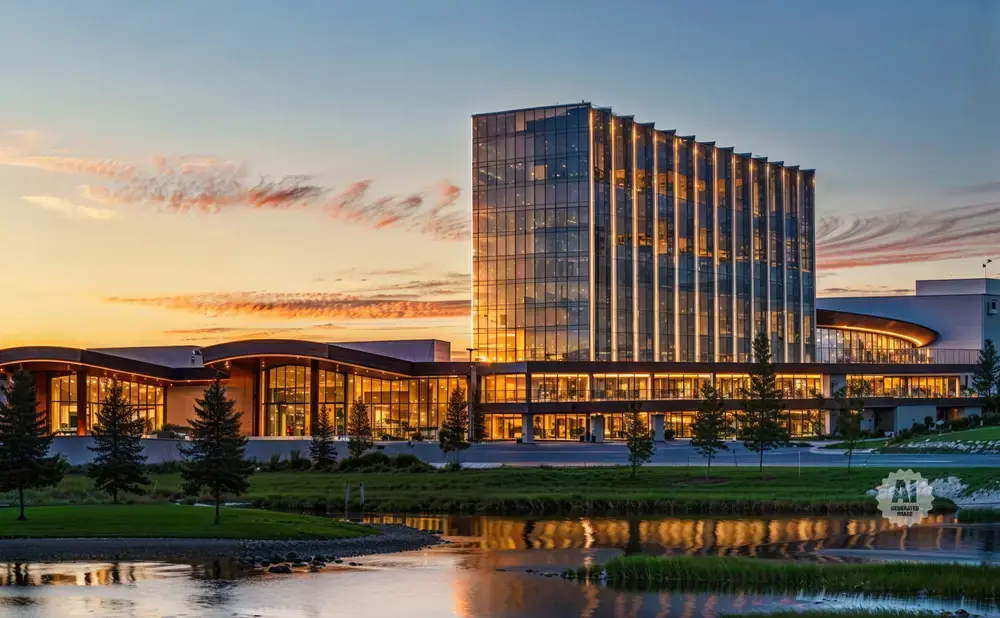 Modern glass building with illuminated windows reflects in a tranquil body of water at sunset.
