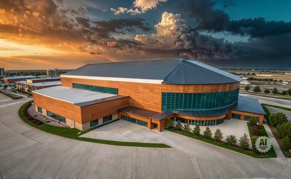 A large, modern building with wood and glass exterior under a dramatic sunset sky.