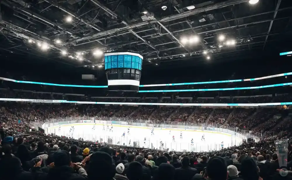 An ice hockey game is being played in a packed arena with a large scoreboard hanging above the ice.