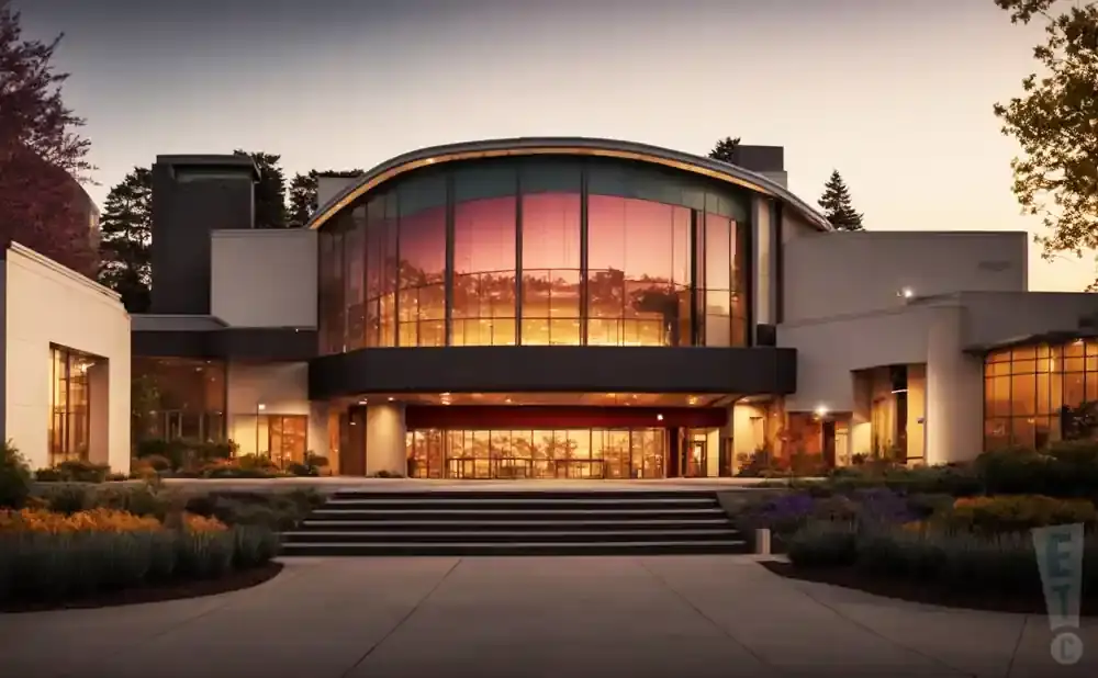 Modern building with curved glass facade and landscaped entrance at sunset.