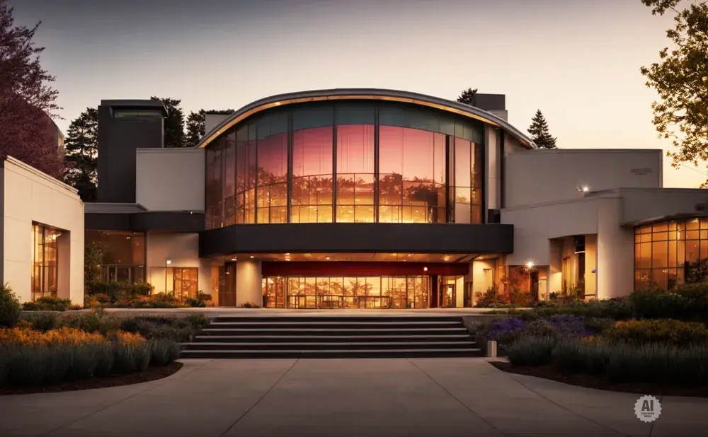Modern building with curved glass facade reflecting sunset, with landscaped gardens and stairs leading to entrance.