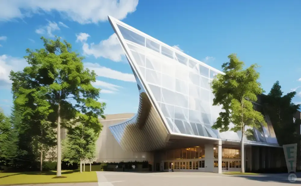 Modern glass-fronted building with sharp angles, surrounded by green trees under a blue sky.