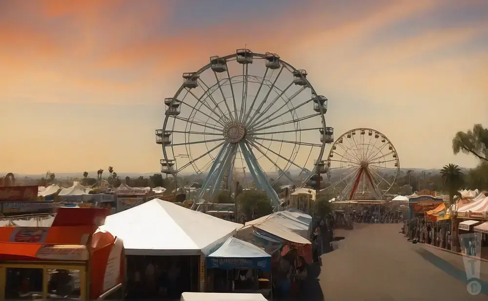 An amusement park with two Ferris wheels, tents, and people under a hazy orange sky.