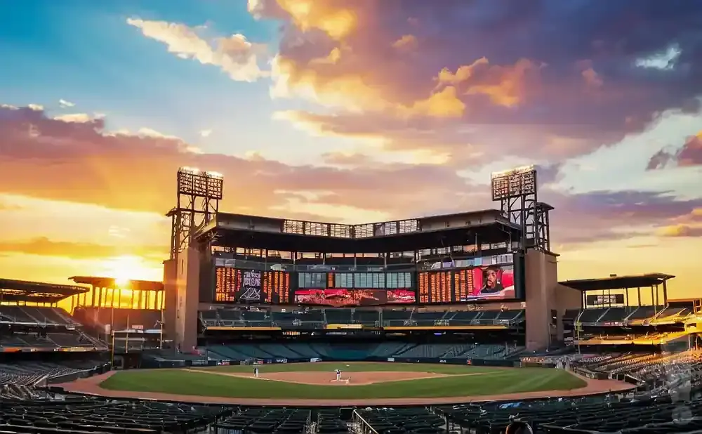 Baseball stadium at sunset with a bright orange and purple sky, illuminated scoreboard, and empty seats.
