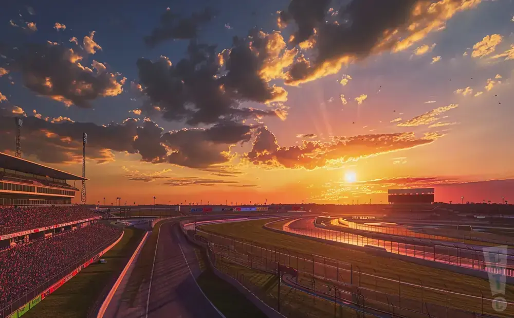 Race track at sunset with dramatic clouds and orange sky.