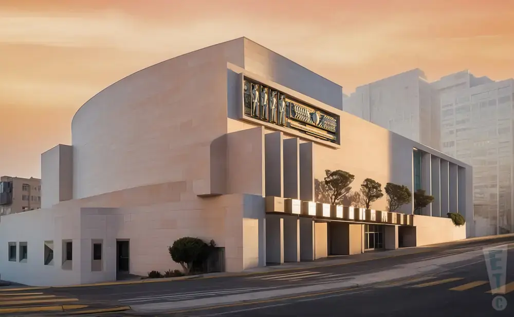 A modern tan building with a curved facade and a relief sculpture, against a hazy orange sky.