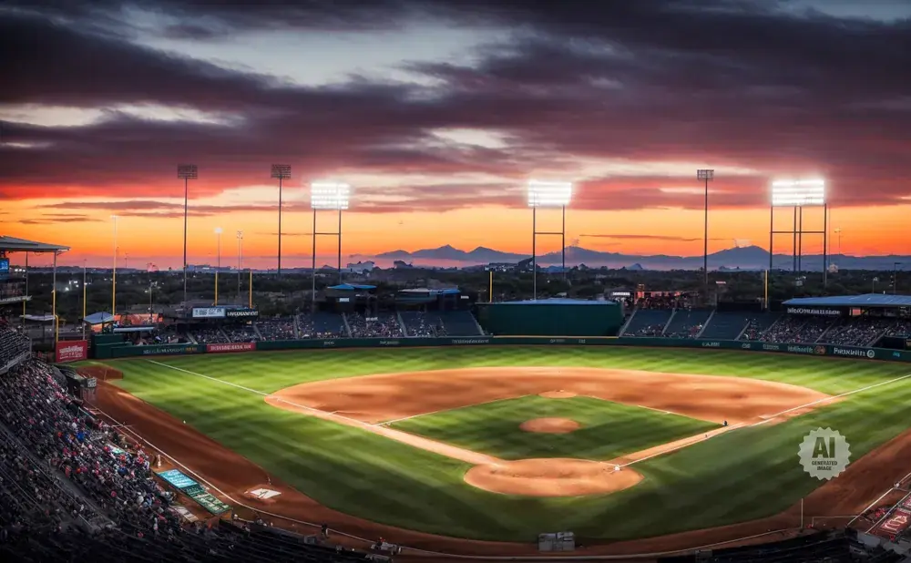A baseball stadium at sunset with stadium lights on and mountains in the distance.
