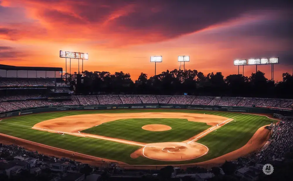 A baseball stadium at sunset with vibrant orange and purple skies, stadium lights on, and a packed audience.