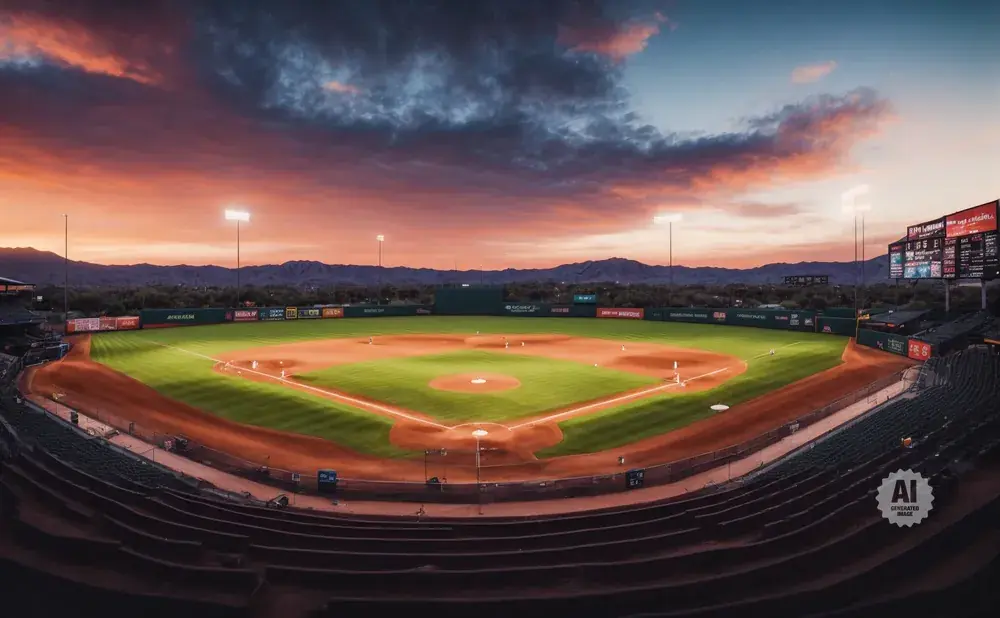 A baseball stadium at sunset, with dramatic clouds and stadium lights illuminating the field.