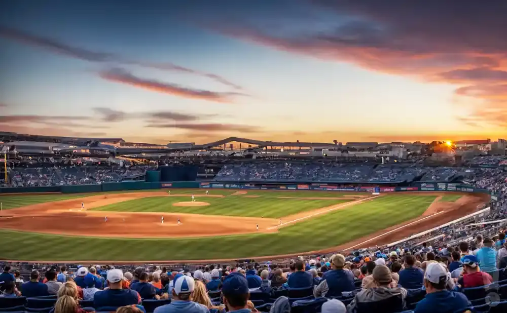 A baseball stadium at sunset, with a game in progress and fans in the stands.