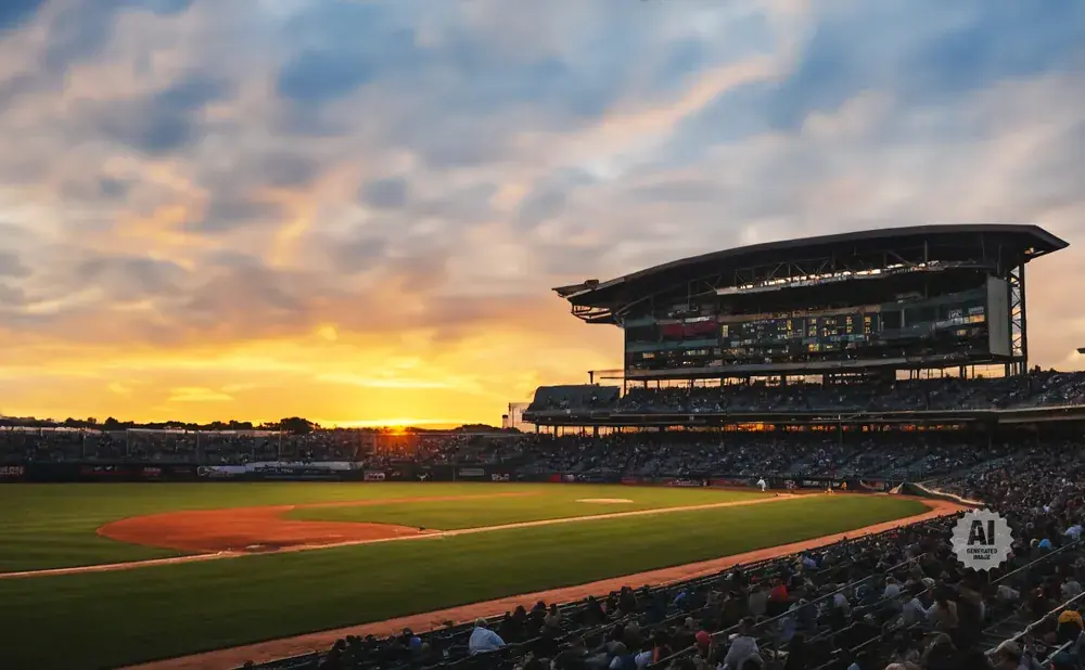Baseball stadium at sunset with dramatic clouds and sunbeams illuminating the field and stands.